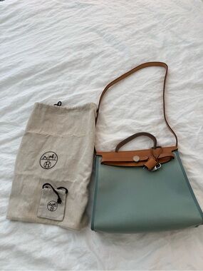 HERMES Herbag Zip 31 Hand Bag Canvas Leather 2way Green Palladium Authentic